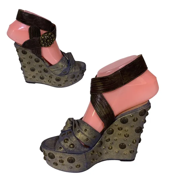 Guillaume Hinfray Gold An Blue Leather Studded Distressed Wedge Heels (36) - Image 8