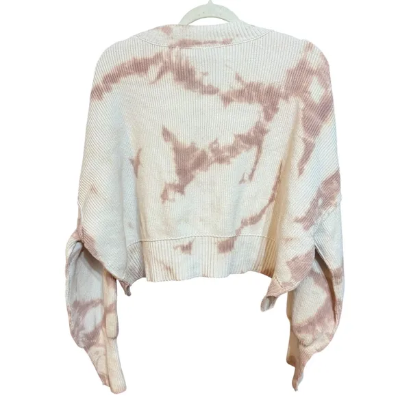 Free People Tie Dye Cropped‎ Ribbed Knit Pullover Sweater Mauve Cream Medium - Image 2