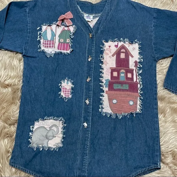 Custom OOAK vintage 90s denim Noah’s ark button down - Image 3