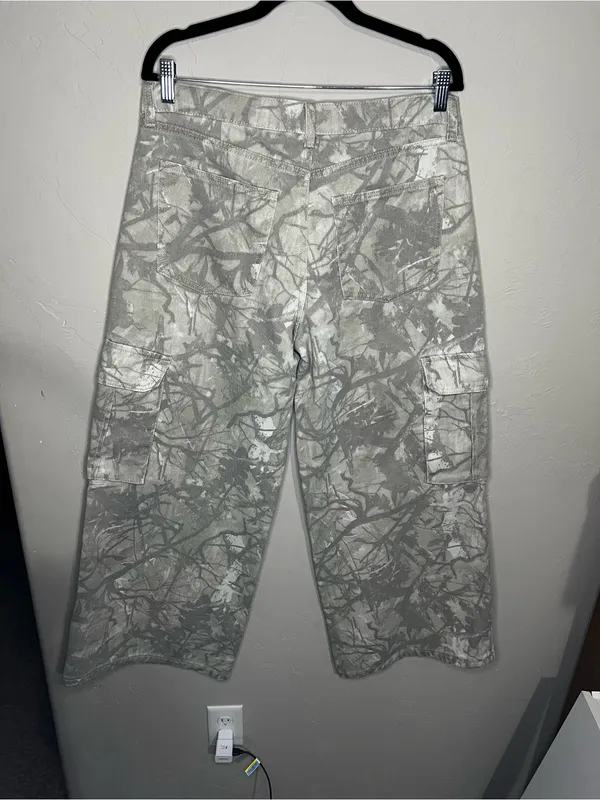 Refrain Los Angeles Super Wide Leg Gray Camo Cargo Streetwear Denim Jeans - Image 8