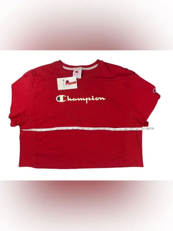 Champion Cropped Tee L Red Logo Graphic Athletic Short Sleeve Shirt - Image 3