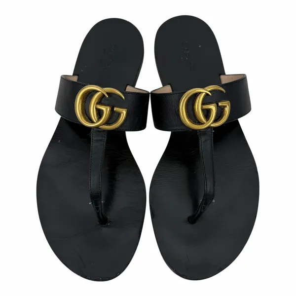 Gucci Black Leather Thong Sandal Gold Double G Logo Size 37 - Image 4