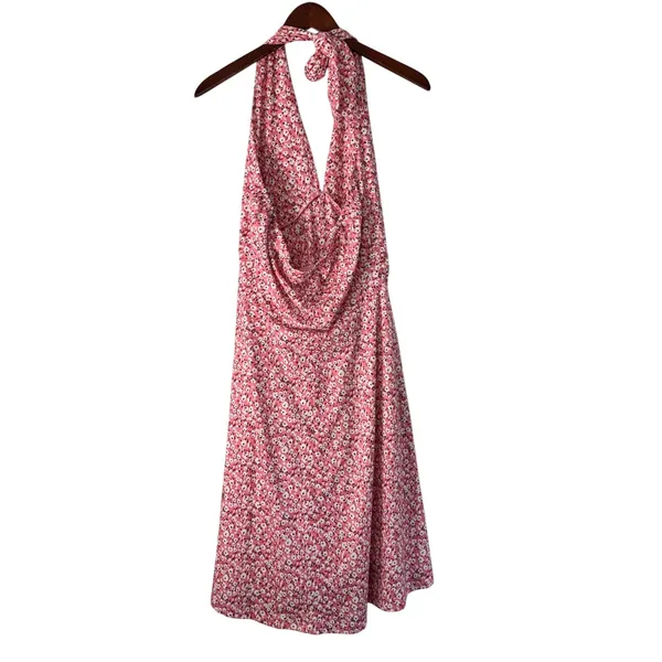 HUHOT Halter Dress Floral Ruched Summer Casual Sundress Pink‎ White L - Image 9