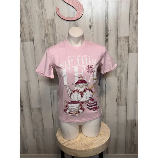 Bridgerton “Sip This Tea” Pink Graphic T-Shirt XS Netflix Short Sleeve Tee - Image 2
