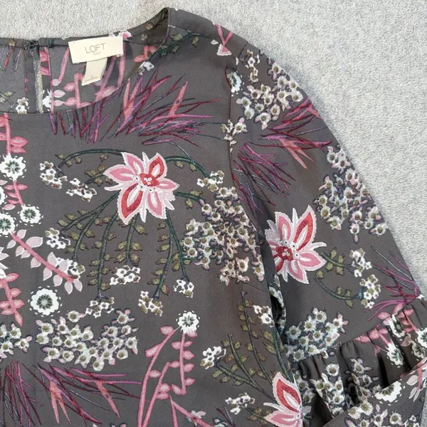 LOFT Outlet Women's Small Sheer Charcoal Pink Floral Long Sleeve Blouse Top - Image 2