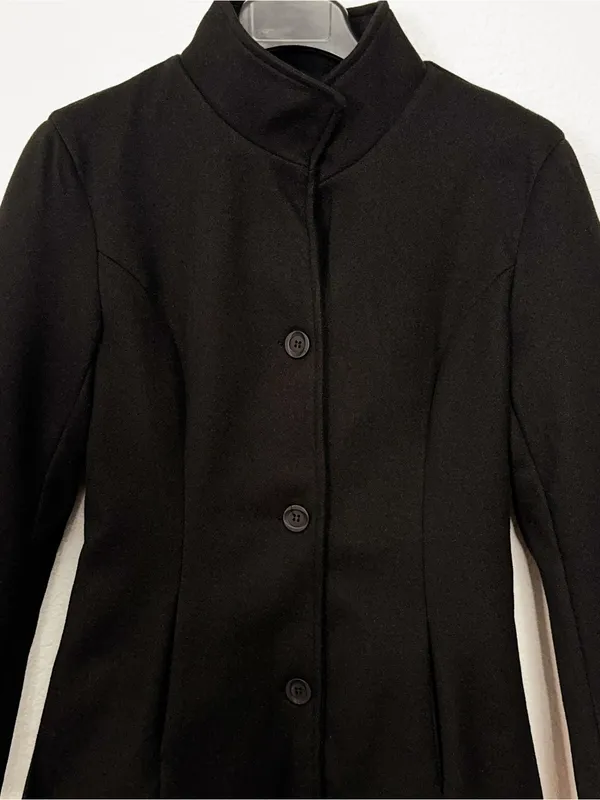 FME Black Longline Coat Stand Collar Button Front Tailored Jacket Minimalist - Image 3