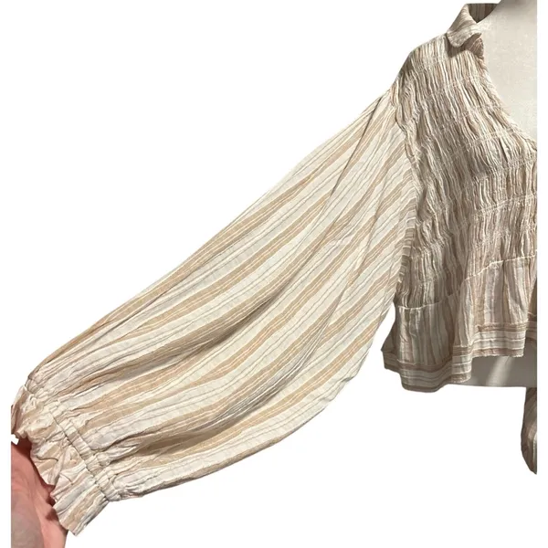 By Anthropologie Size M Balloon Sleeve Scoop Neck Collared Blouse Neutral Stripe - Image 4
