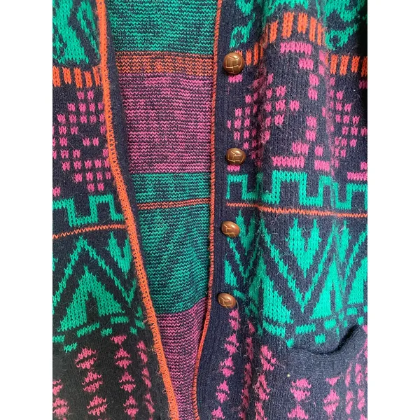 Vintage 80s Colorful Cardigan Sweater Chunky Aztec Patterned Women's Medium - Image 5