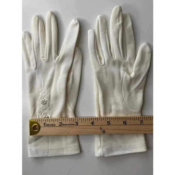 Vintage 1980s White/Ivory Unbranded Satin Beaded Floral Gloves XS S - Image 16