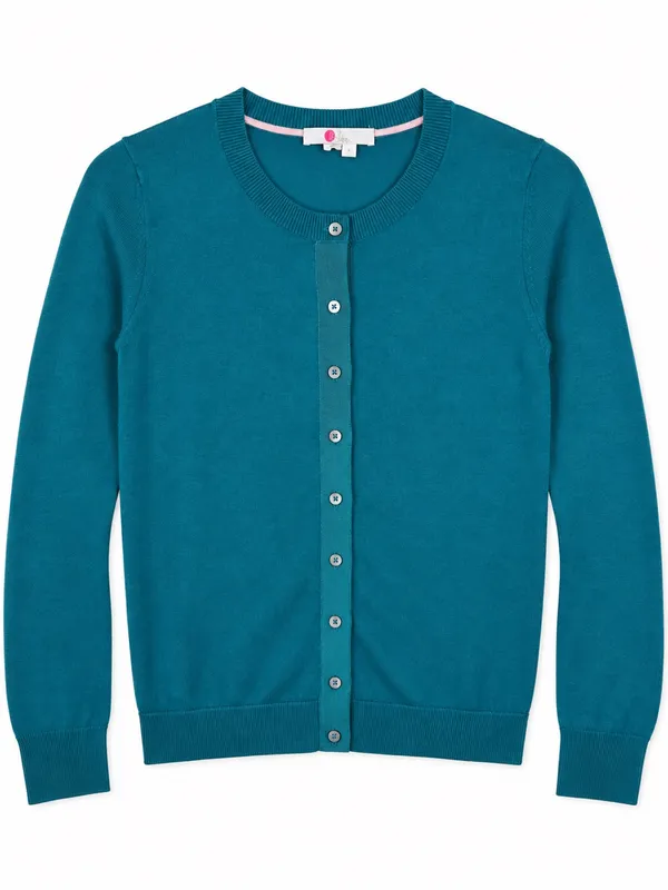 Boden Teal Ribbed Crew Neck Cardigan Classic Preppy Cotton Long Sleeve Size S - Image 4