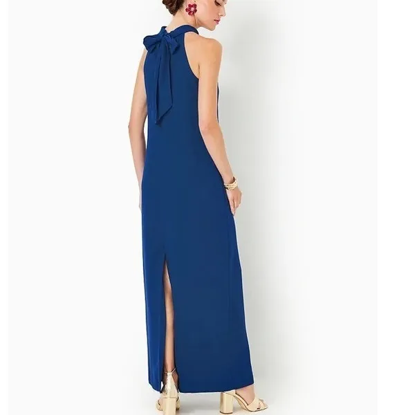 Lilly Pulitzer Alaric Maxi Dress Blue Med Halter Bow Back 017058 Size 0 - Image 2