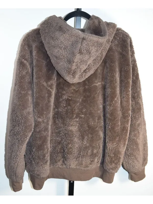 No Boundaries Brown Fuzzy Fleece Hoodie Size XL (16-18) – Leopard Star Pullover - Image 2