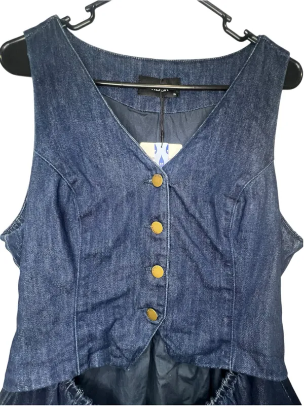 NWT Cider Dark Wash Denim Button Up Vest Mini Dress Bubble Skirt - Image 2