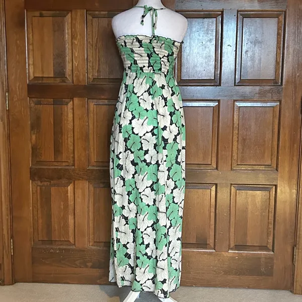 Vintage Juicy Couture Maxi Dress P Petite Y2K Green White Tropical Floral Cotton - Image 3