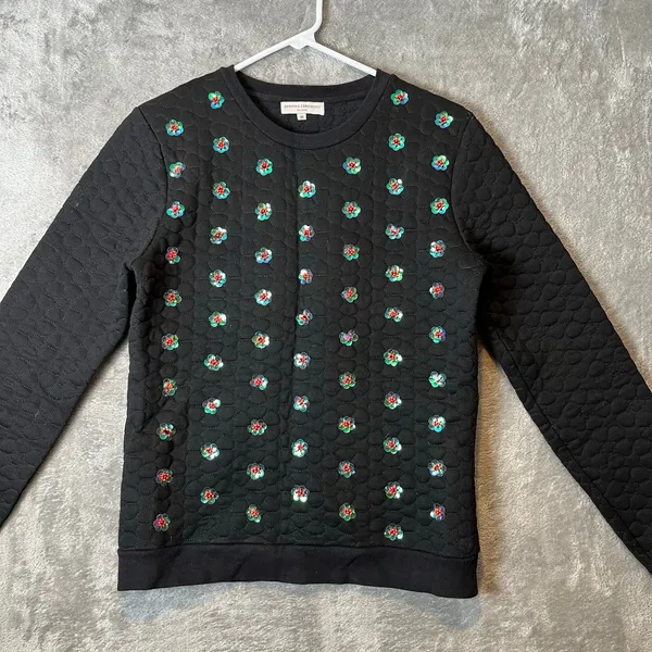 Opening Ceremony Sequin And Bead Embellished Sweater‎ Size Medium Black Floral - Image 3