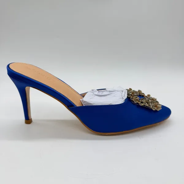 Coutgo Womens Royal Blue Satin Rhinestone Buckle Pointed Toe Mules Stiletto Sz 8 - Image 4