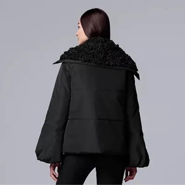 Simply Vera Puffer Jacket Faux Fur Collar Hood‎ Black Medium Balloon Sleeve - Image 6