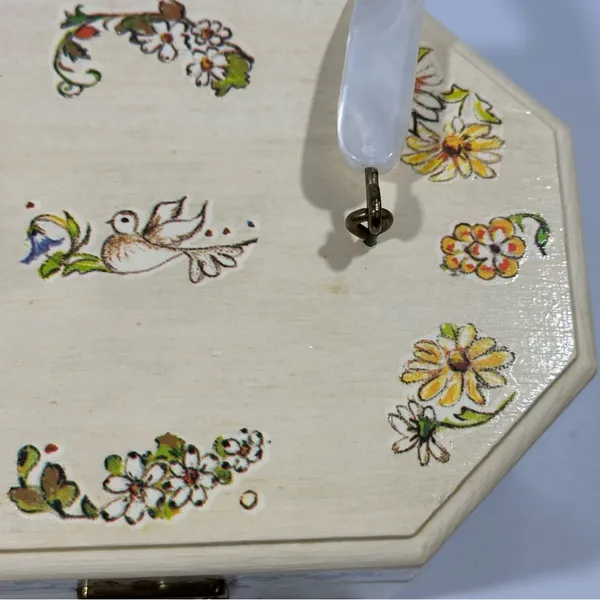 Vintage Floral Wood Octagonal Box Purse Cottagecore Fairy Coquette Birds Animals - Image 3