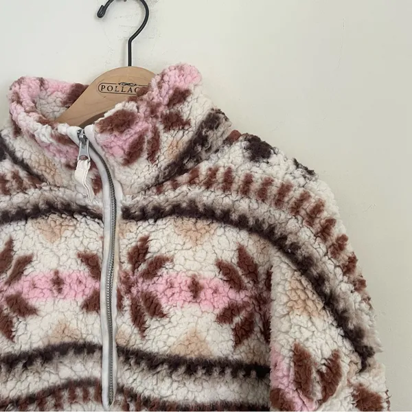 Aerie Sherpa Half Zip Pullover Snowflake Print Teddy Fleece Size M Pink Brown - Image 4