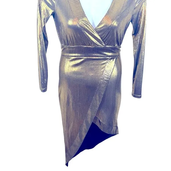 Lulu’s Metallic Gold Faux Wrap Asymmetrical Party Dress Semi Sheer Small Glam - Image 5