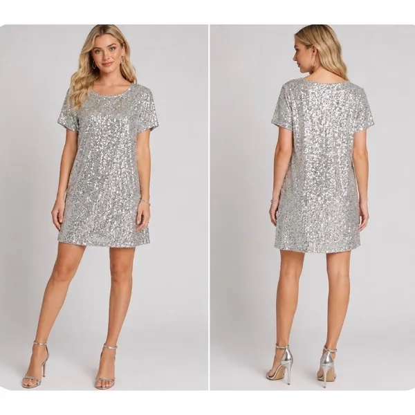 Betsey Johnson Silver Sequin Shift Dress Womens Large Short Sleeve Party - Image 2
