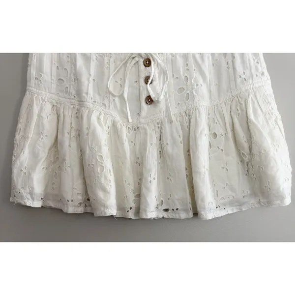 Free People Roselle Eyelet Mini Skirt Ivory‎ Button Front Drawstring Women's Med - Image 9