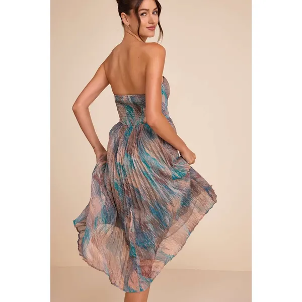 Lulus Juniva Teal Multi Abstract Print Pleated Bustier Midi Dress Cocktail S NWT - Image 5