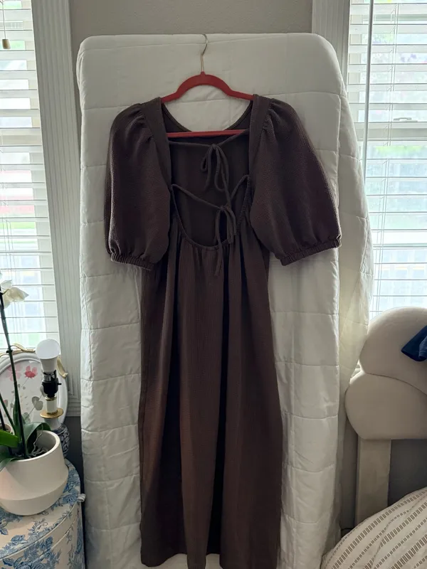 Long brown puff sleeve modest back tie dress fall style midi maxi long dress - Image 10