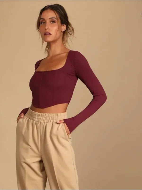Lulu’s Long Sleeve Burgundy Bustier Crop Top Size S - Image 2