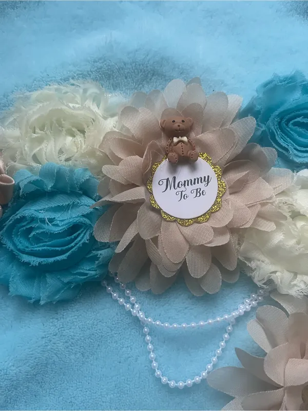 Floral Maternity Sash Belt and brooch in Blue, Cream & Tan - Image 2