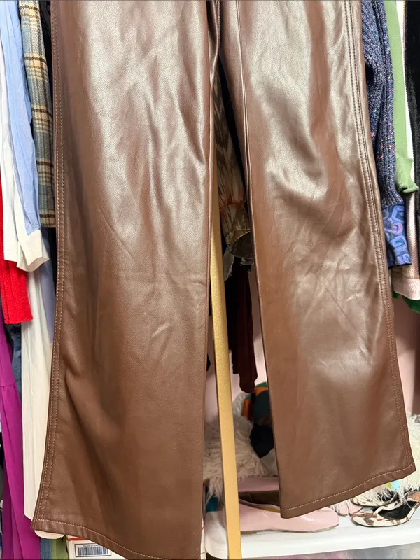 Garage Brown Faux Leather High Rise Wide Leg Pants Straight Leg Trousers. Size S - Image 4