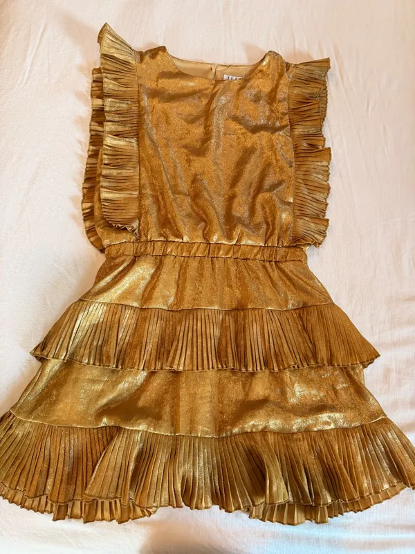 TCEC Metallic Gold Pleated Ruffle Mini Dress M Party Holiday - Image 4