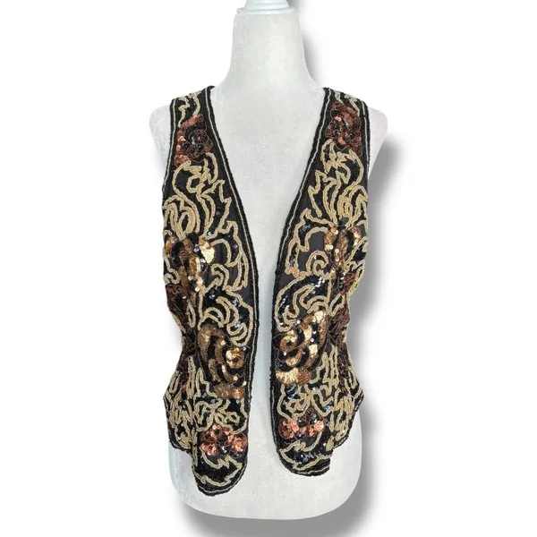Vintage 90s‎ Black Tie Silk Beaded Metallic Sequin Open Front Vest Gold Bronze - Image 11