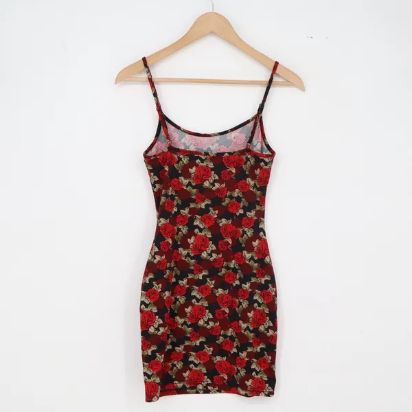 SHEIN Mini Dress Womens XS Bodycon Black Red Rose Floral Spaghetti Strap Exc - Image 3
