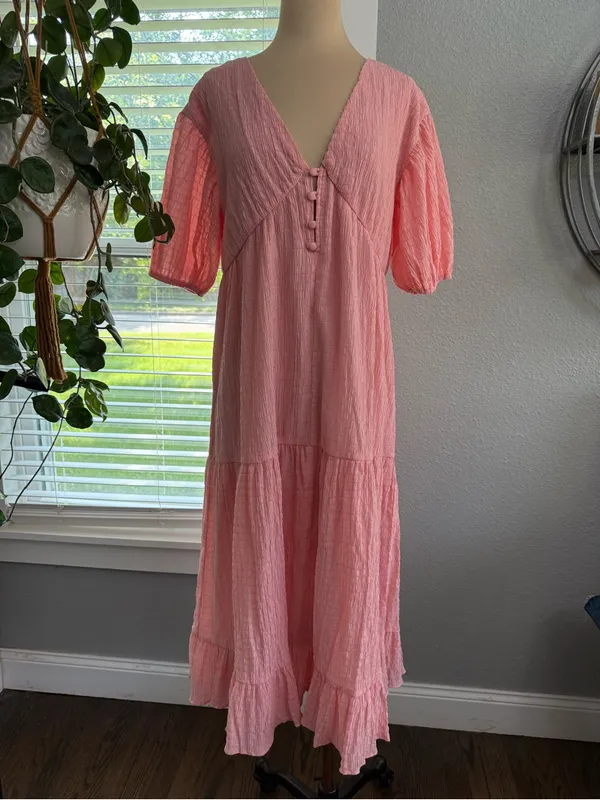 Sabo Skirt Pink Textured Tiered Midi Dress Puff Sleeve V-Neck XS - Image 4