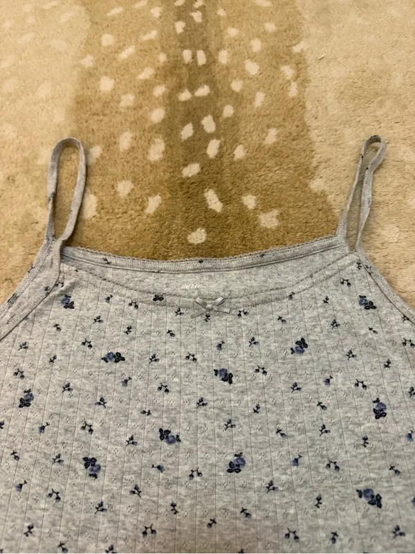 Aerie Pointelle Ribbed Floral Cami Tank Top Gray Blue Ditsy Print Lettuce Hem L - Image 5