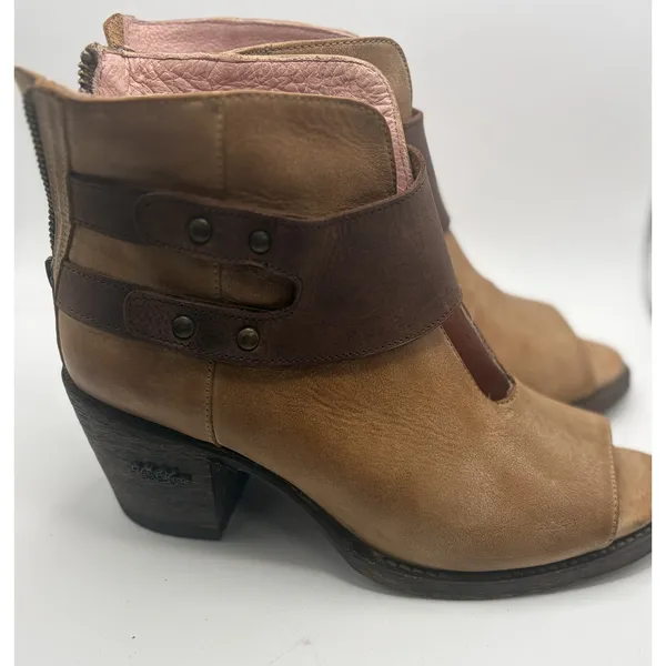 Miss Macie Tan Leather Open Toe Ankle Booties Brown Strap Block Heel 3" Boots 8M - Image 4