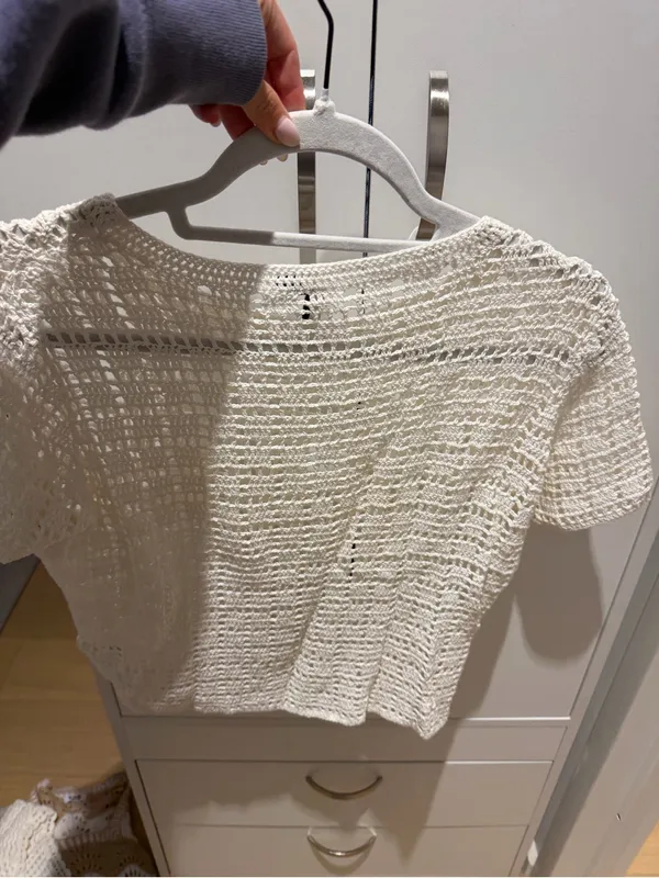Topshop Cream Crochet Short-Sleeve Knit Crop Top - Image 5