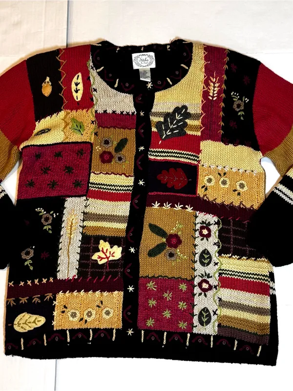 Stitches Patchwork Cardigan Embroidered Floral Boho Cottagecore Knit Sweater L - Image 7