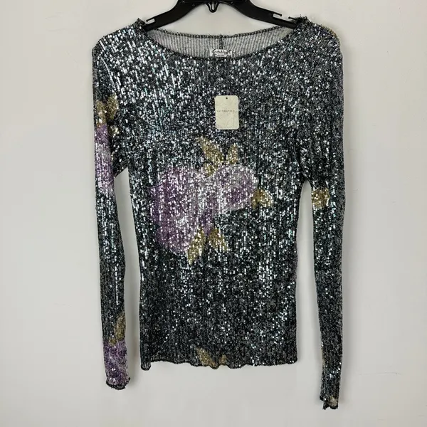 Free People Printed Gold Rush Sequin Top Long Sleeve Amethyst Combo XS NWT - Image 6