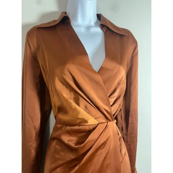 Banana Republic Satin Wrap Mini Dress Copper Brown Long Sleeve Collared Size 6 - Image 5