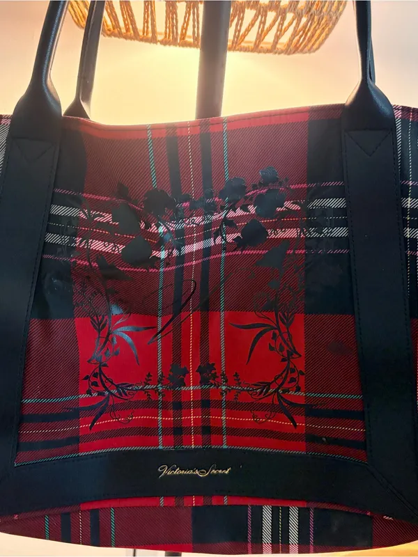 Victoria's Secret Red and Black Plaid Tote with Floral Overlay - Image 2