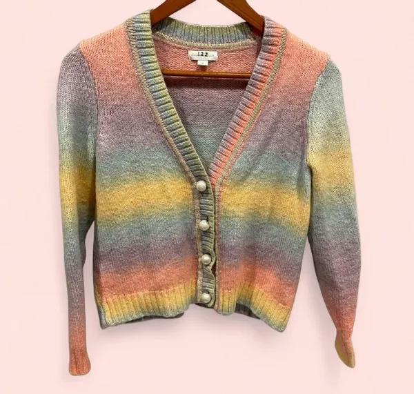 Rainbow stripe soft fuzzy wool blend chunky pearl button cardigan crop sweater - Image 2