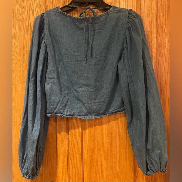 Missguided Tie Front Square Neck Volume Sleeve Denim Crop Top‎ Deep Blue Size 6 - Image 11