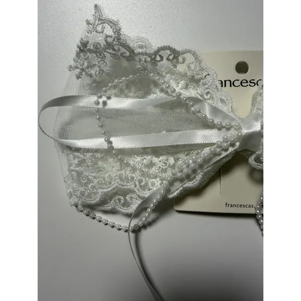 Francescas White Lace Bridal Hair Bow Clip with Faux Pearls and Satin Ribbon - Image 5
