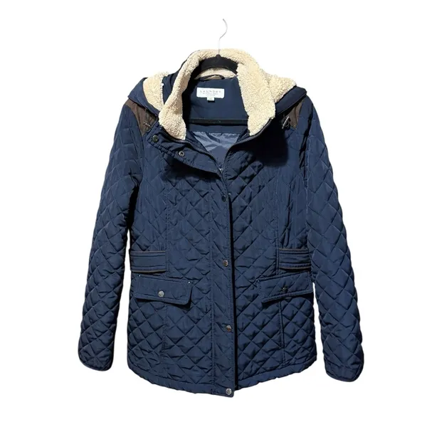 Laundry by‎ Shelli Segal Fleece-Lined Hooded Coat Navy Blue Quilted Sz L - Image 12