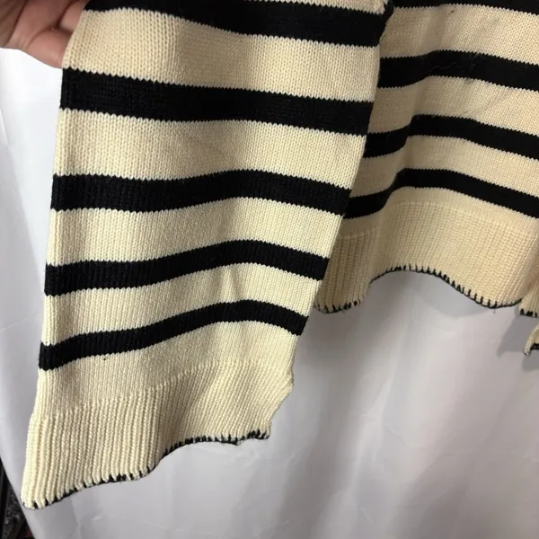 Unbranded Women’s Collared Polo Sweater Cream & Navy Stripe 2XL Nautical Boho - Image 8