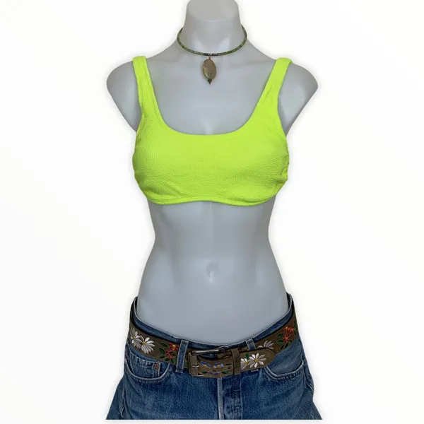 PilyQ Swim Bralette Neon Yellow Bikini Top MEDIUM Ring Sporty Modest $92 NEW - Image 3