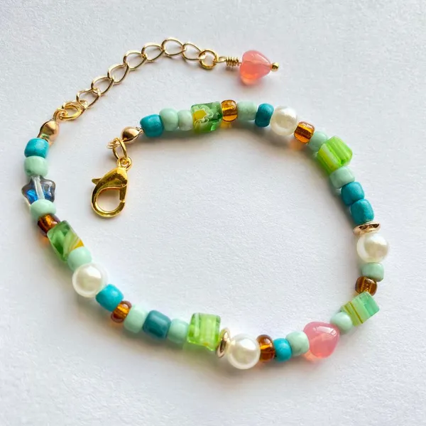 Handmade colorful Czech glass beads mix Kawaii bracelet💚 - Image 2