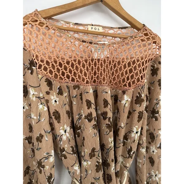 POL Floral Tunic Flowy Top Balloon Sleeves Rope Belt Large Crochet‎ Lace Boho - Image 2